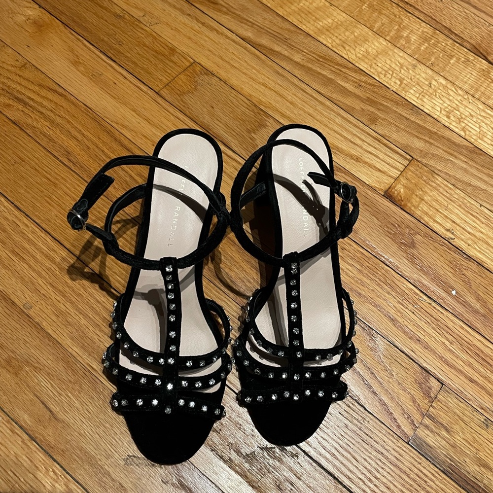 👹LOEFFLER RANDALL Elena Crystal Embellished Velvet Sandals T-strap Formal 8🔼 - Picture 2 of 8